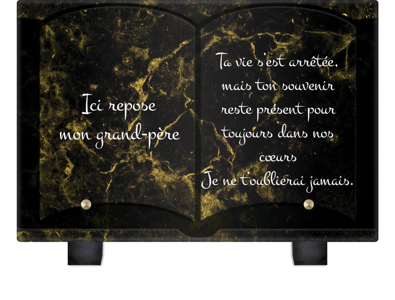 Plaque funéraire livre-marbre-noir-et-or 30 Plaquedeces.fr