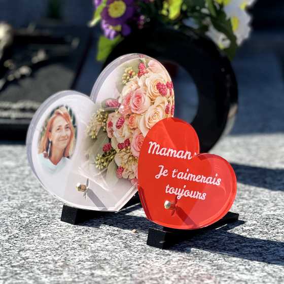 plaque mortuaire garni bouquet double coeur