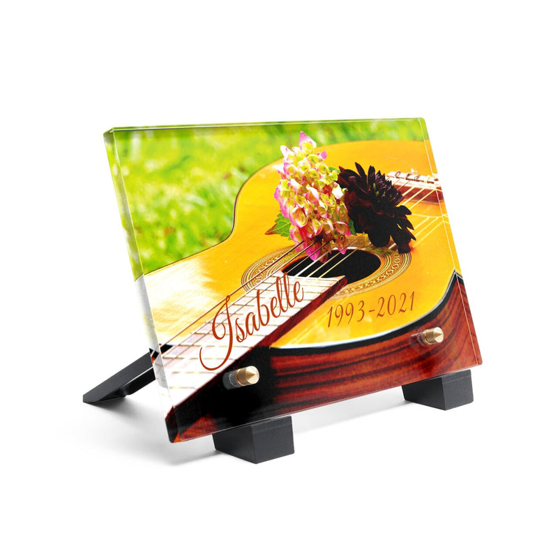 Plaque funéraire guitare-acoustique-avec-les-fleurs 8 Plaquedeces.fr
