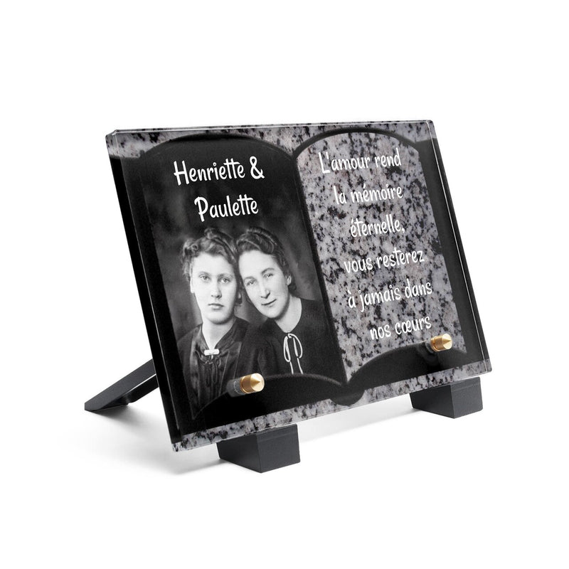 Plaque funéraire livre-granite-gris 17 Plaquedeces.fr