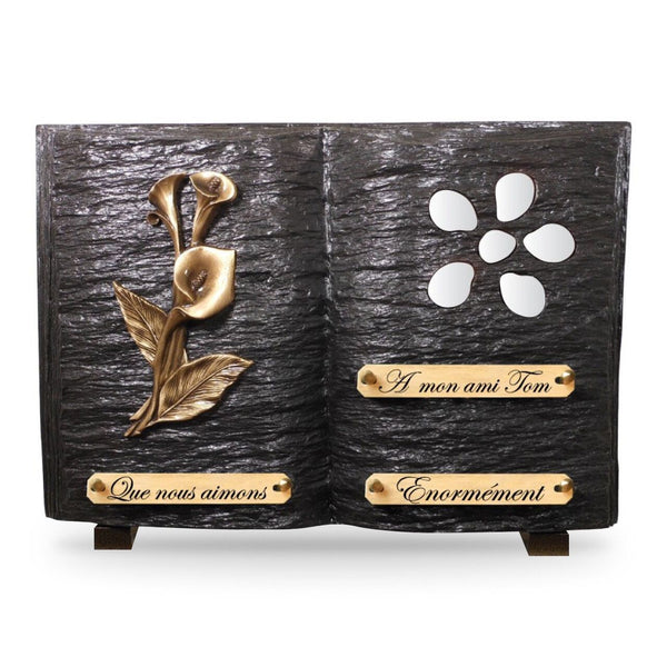 Plaque funéraire livre-galets-blancs-et-bronze 12 Plaquedeces.fr
