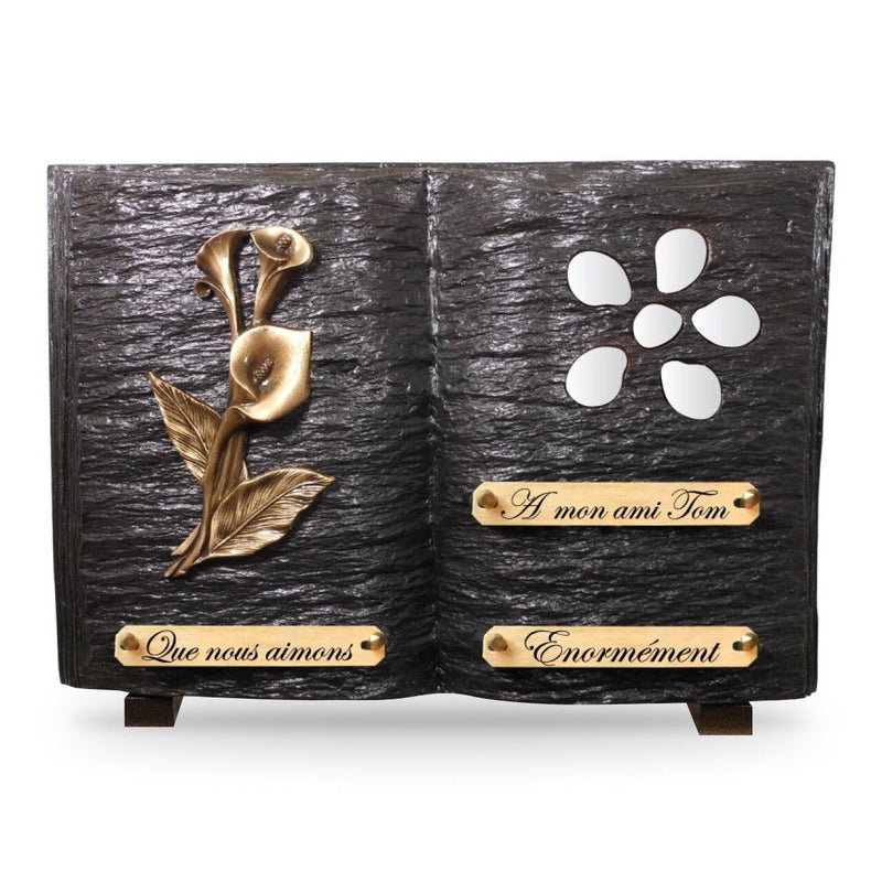 Plaque funéraire livre-galets-blancs-et-bronze 12 Plaquedeces.fr
