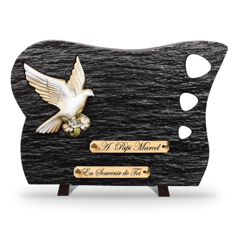 Plaque funéraire galets-blancs-et-bronze-colombe-couleur 28 Plaquedeces.fr
