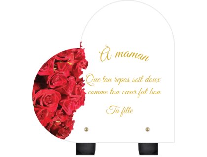 Plaque funéraire - Deux coeurs deux photos - Roses blanches sur coeur rouge