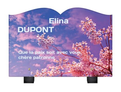 Plaque funéraire fleurs-de-cerisier-forme-livre 17 Plaquedeces.fr
