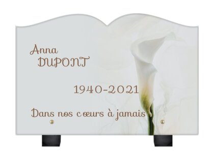 Plaque funéraire arum-blanc-forme-livre 21 Plaquedeces.fr
