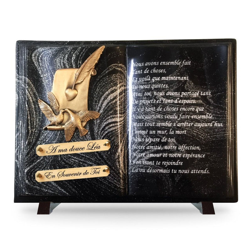 Plaque funéraire livre-avec-texte-paillete-argent 20 Plaquedeces.fr