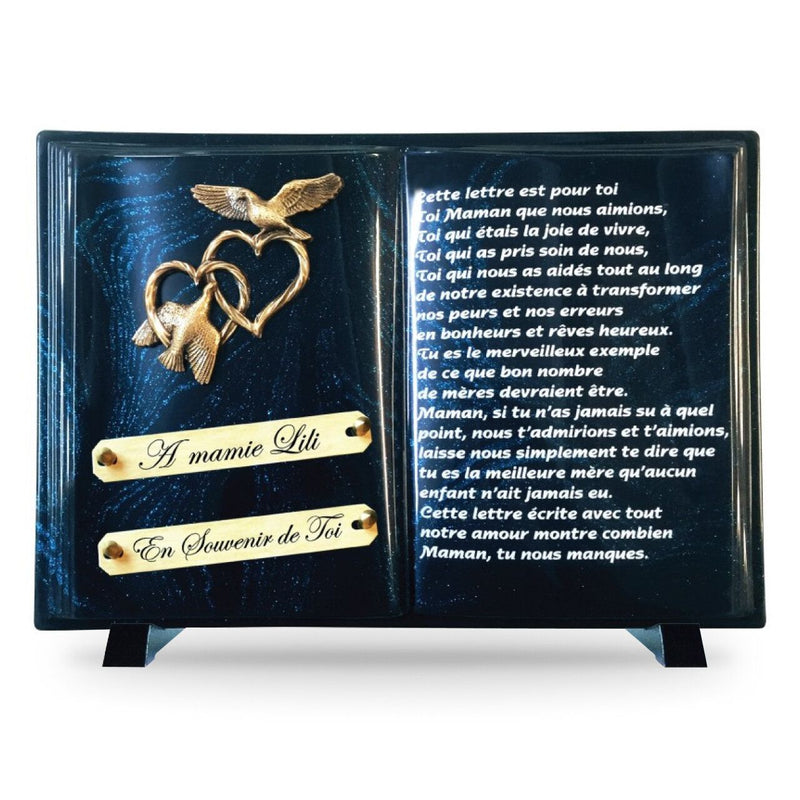 Plaque funéraire livre-avec-texte-paillete-bleu 21 Plaquedeces.fr