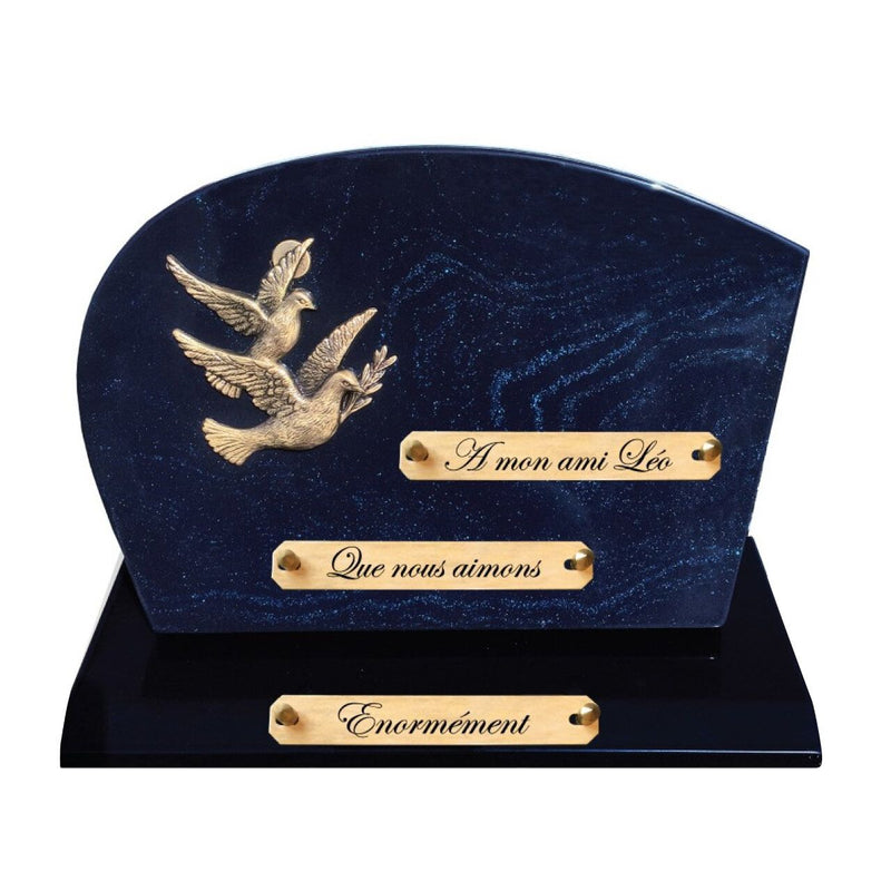 Plaque funéraire arrondi-paillete-bleu-sur-socle 23 Plaquedeces.fr