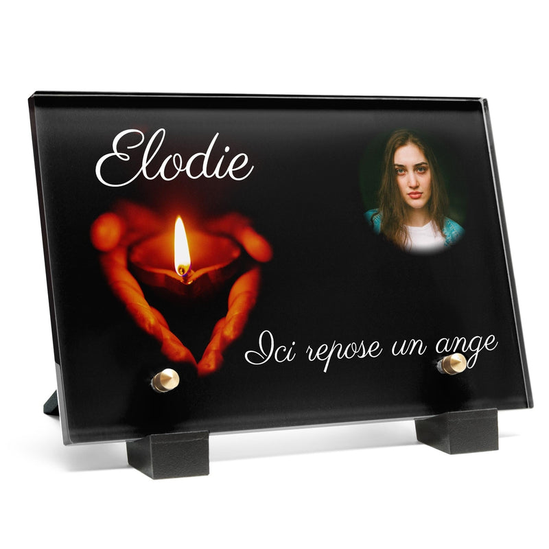 Plaque funéraire mains-bougie 25 Plaquedeces.fr
