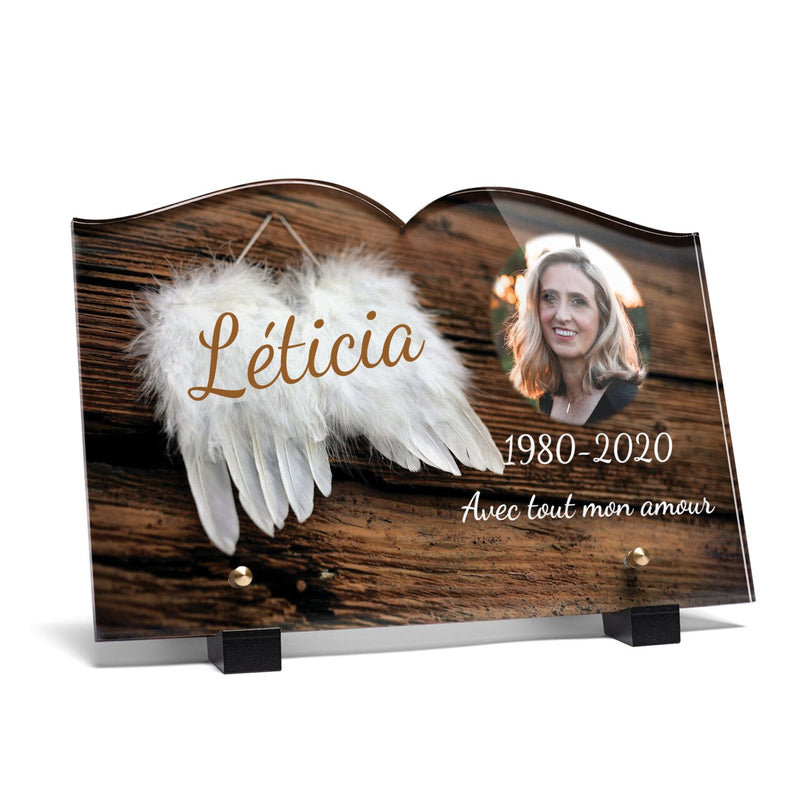Plaque funéraire ailes-dange-forme-livre 20 Plaquedeces.fr
