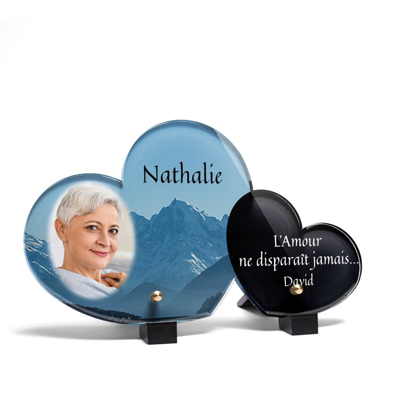 Plaque funéraire montagne-forme-double-coeur 27 Plaquedeces.fr

