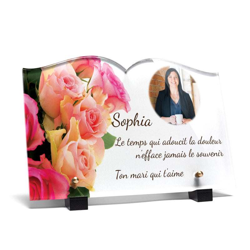 Plaque funéraire mur-de-roses-forme-livre 1 Plaquedeces.fr
