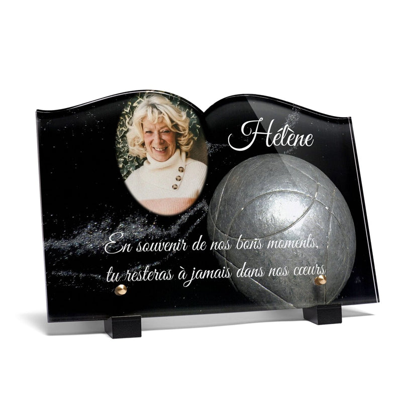Plaque funéraire boule-de-petanque-forme-livre 20 Plaquedeces.fr
