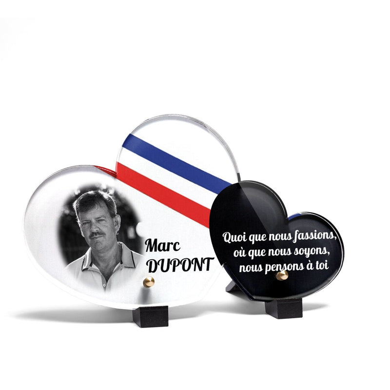 Plaque funéraire bandeau-bleu-blanc-rouge-forme-double-coeur 12 Plaquedeces.fr
