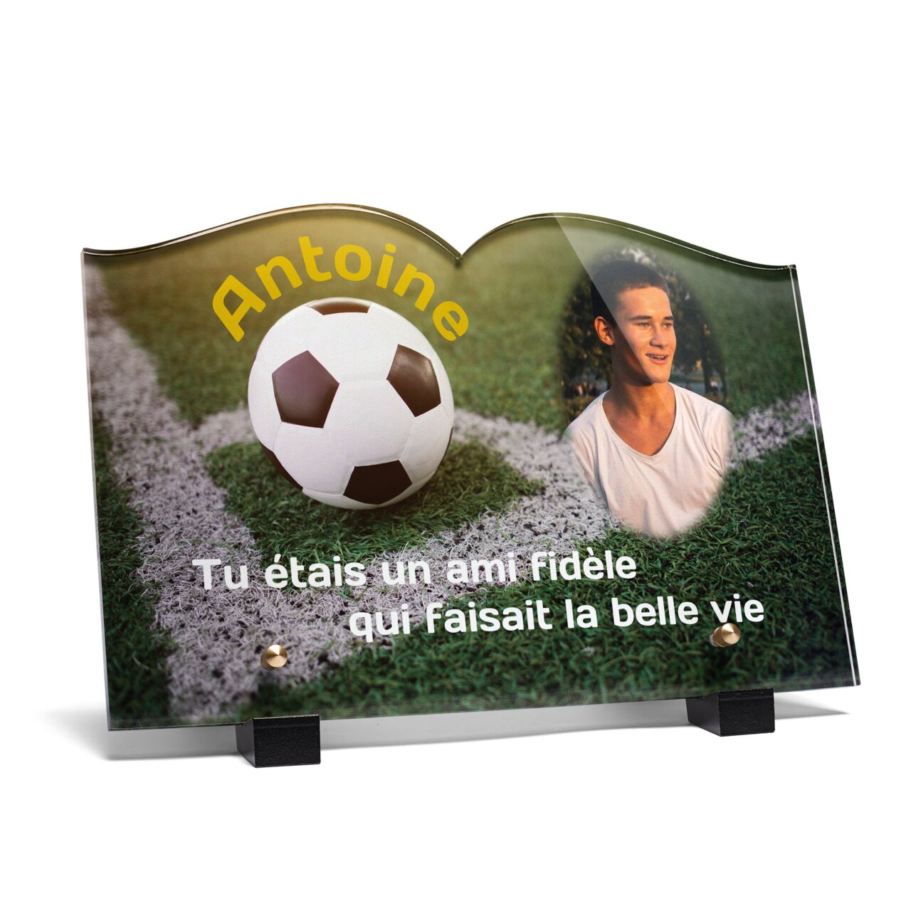 Plaque funéraire ballon-de-football-forme-livre 18 Plaquedeces.fr
