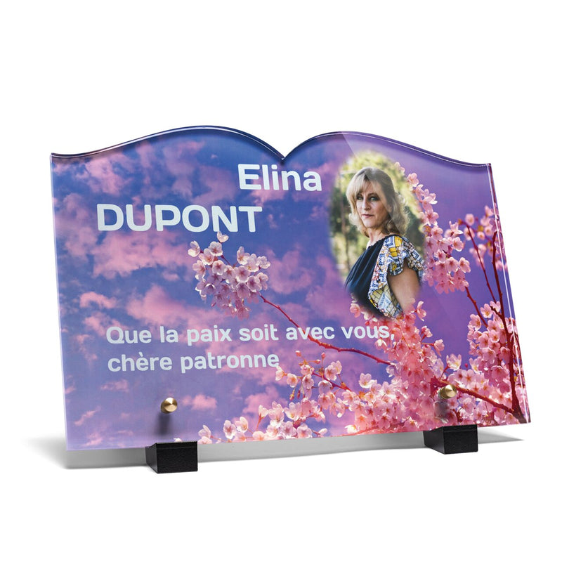 Plaque funéraire fleurs-de-cerisier-forme-livre 17 Plaquedeces.fr
