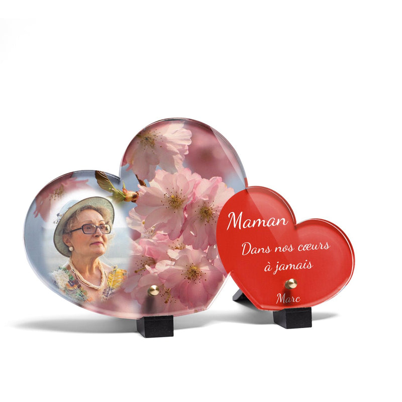 Plaque funéraire fleurs-de-cerisier-forme-double-coeur 14 Plaquedeces.fr
