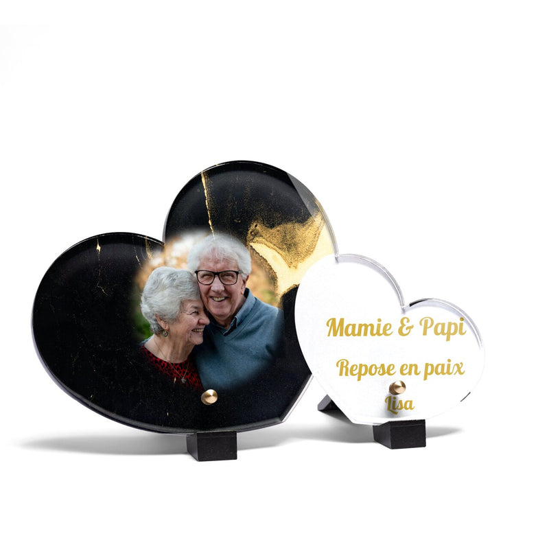 Plaque funéraire livre-marbre-noir-et-or-forme-double-coeur 20 Plaquedeces.fr

