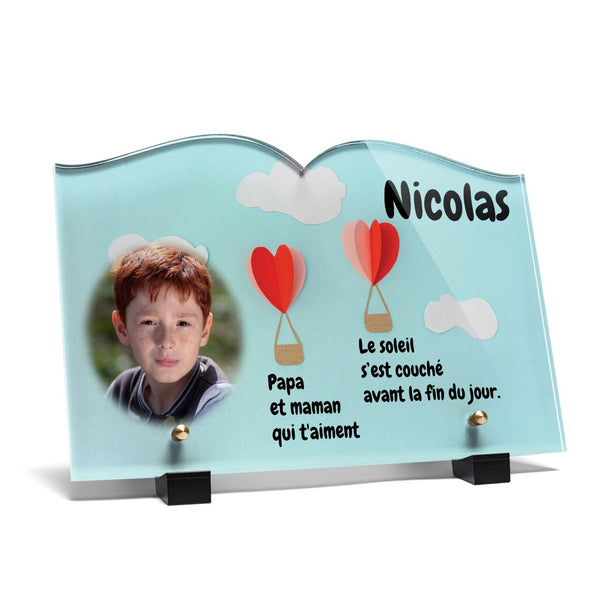 Plaque funéraire ballons-coeurs-forme-livre 28 Plaquedeces.fr
