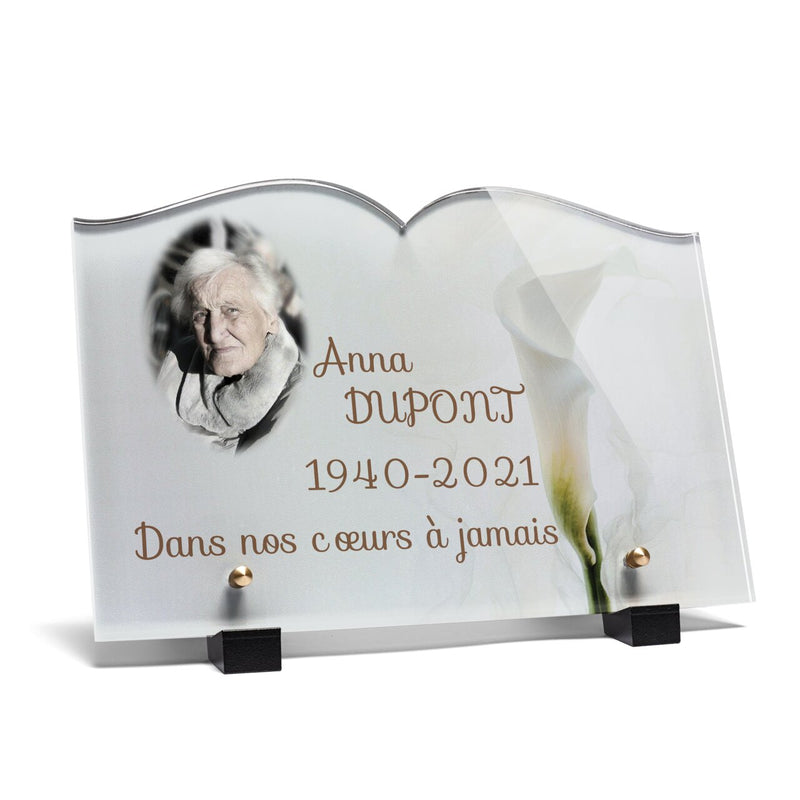 Plaque funéraire arum-blanc-forme-livre 21 Plaquedeces.fr
