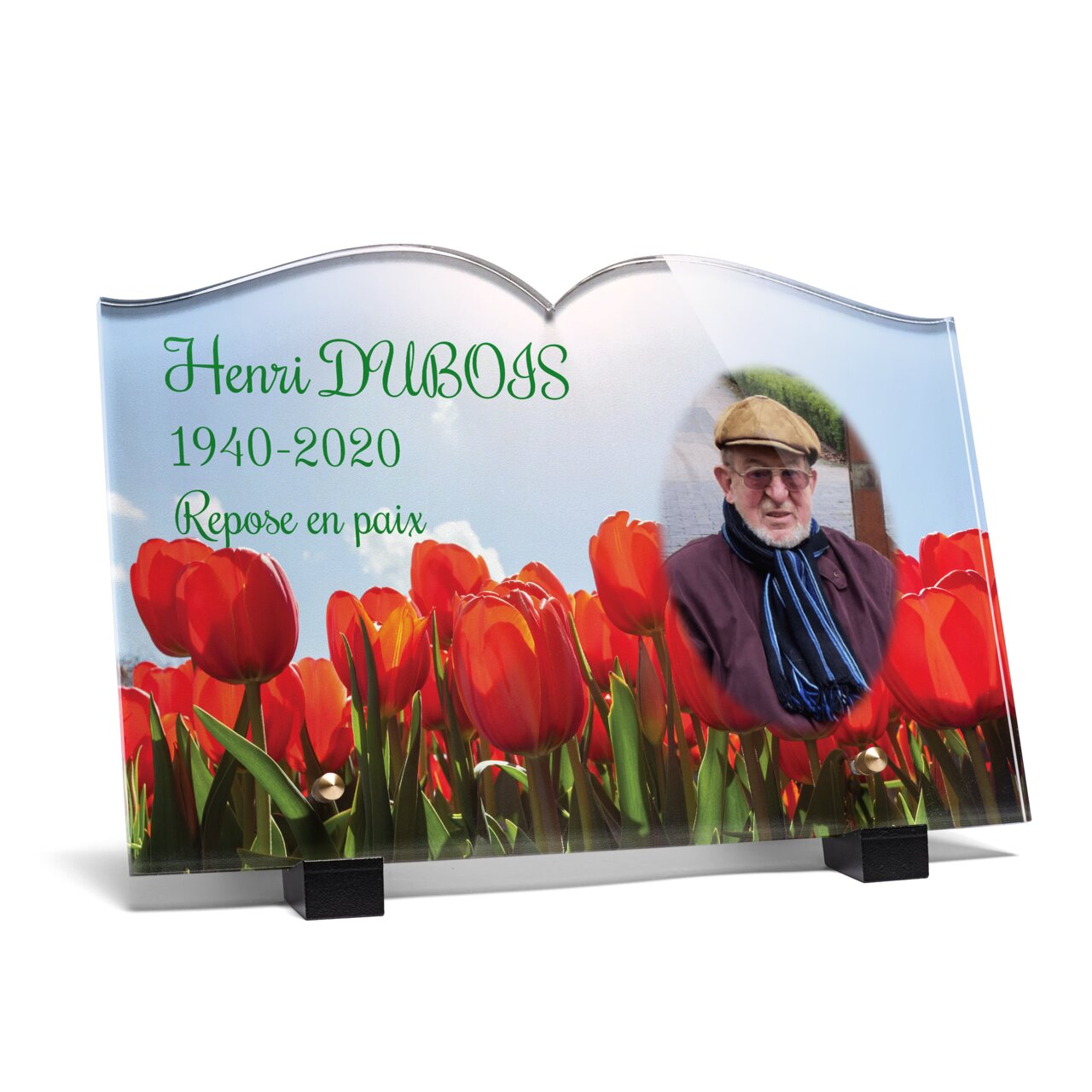 Plaque funéraire champ-de-tulipes-forme-livre 25 Plaquedeces.fr
