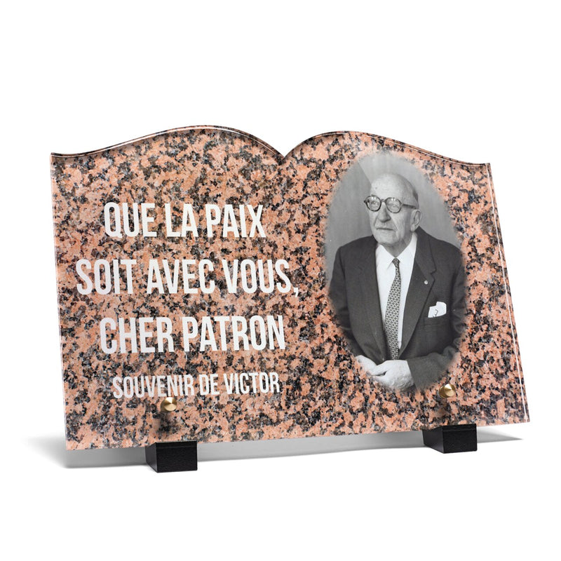 Plaque funéraire livre-granit-rose-forme-livre 8 Plaquedeces.fr
