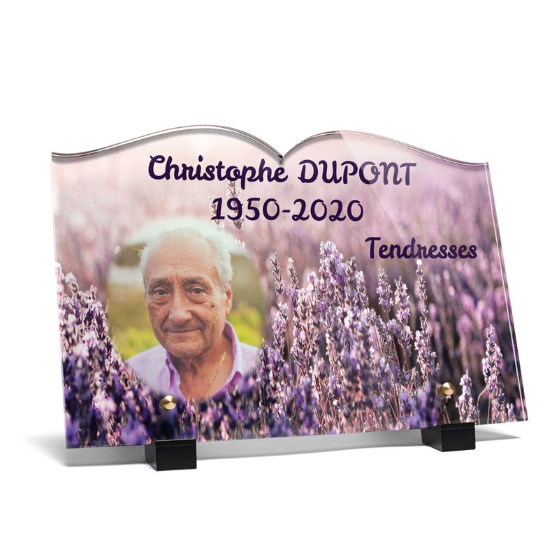 Plaque funéraire lavande-au-soleil-forme-livre 3 Plaquedeces.fr
