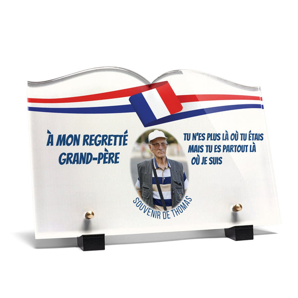 Plaque funéraire bandeau-bleu-blanc-rouge-forme-livre 27 Plaquedeces.fr

