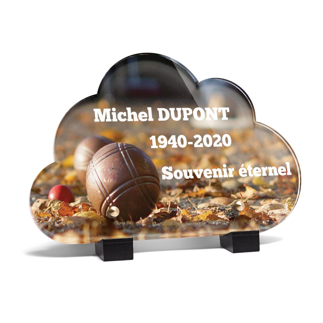Plaque funéraire boule-de-petanque-forme-nuage 1 Plaquedeces.fr
