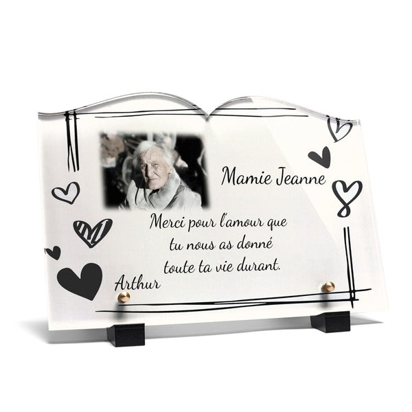Plaque funéraire cadre-coeurs-forme-livre 22 Plaquedeces.fr
