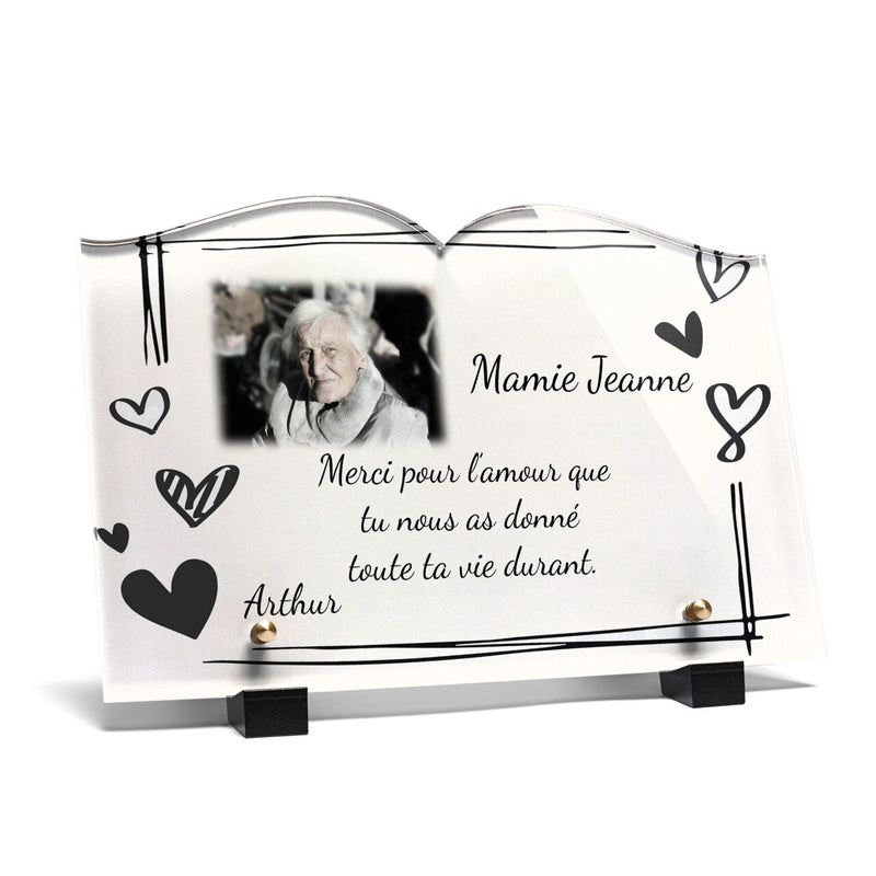 Plaque funéraire cadre-coeurs-forme-livre 22 Plaquedeces.fr
