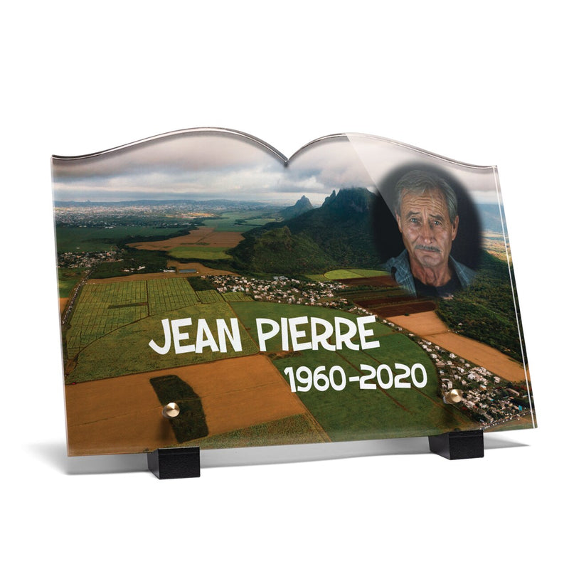 Plaque funéraire champs-vus-du-ciel-forme-livre 19 Plaquedeces.fr
