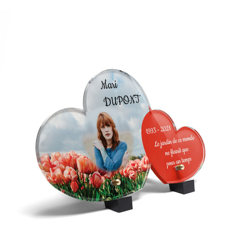 Plaque funéraire champ-de-tulipes-forme-double-coeur 15 Plaquedeces.fr