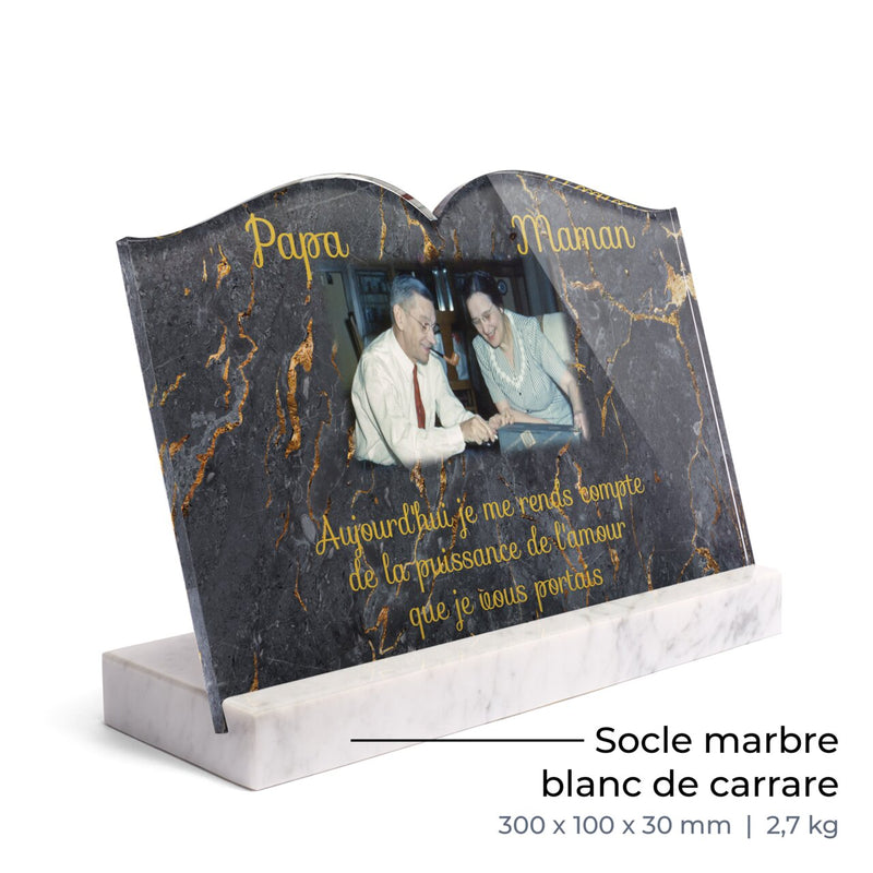 Plaque funéraire livre-marbre-noir-et-or-forme-livre 24 Plaquedeces.fr