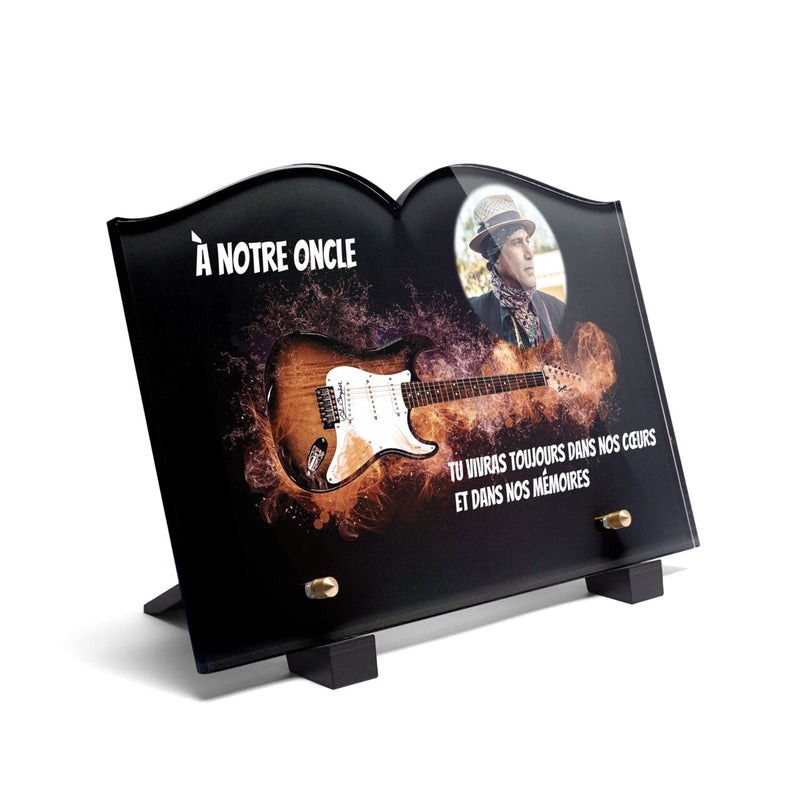 Plaque funéraire guitare-electrique-en-feu-forme-livre 10 Plaquedeces.fr