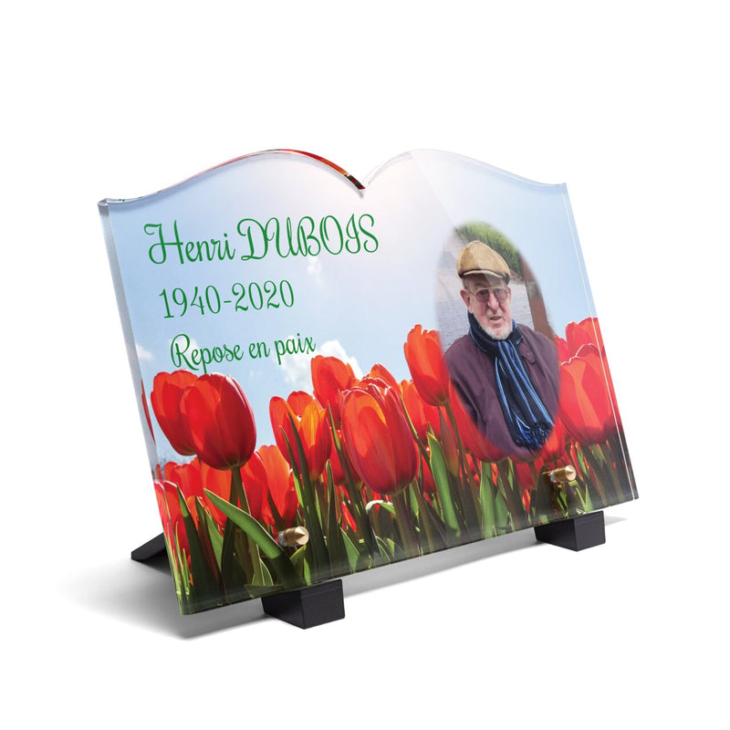 Plaque funéraire champ-de-tulipes-forme-livre 6 Plaquedeces.fr