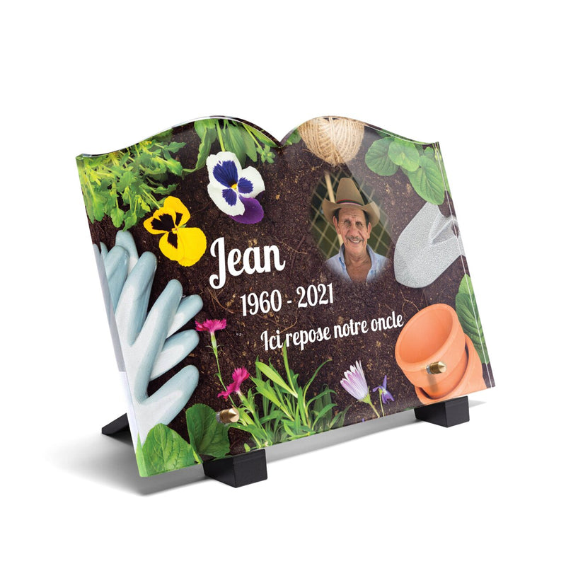 Plaque funéraire jardinage-vue-den-haut-forme-livre 28 Plaquedeces.fr