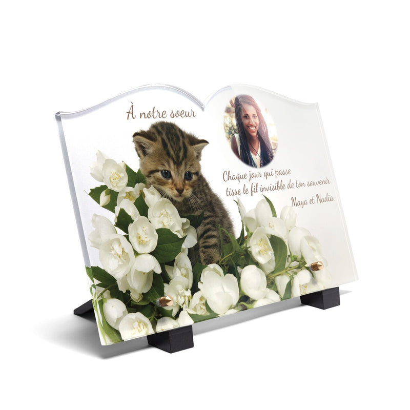 Plaque funéraire chaton-sur-fleurs-blanches-forme-livre 20 Plaquedeces.fr