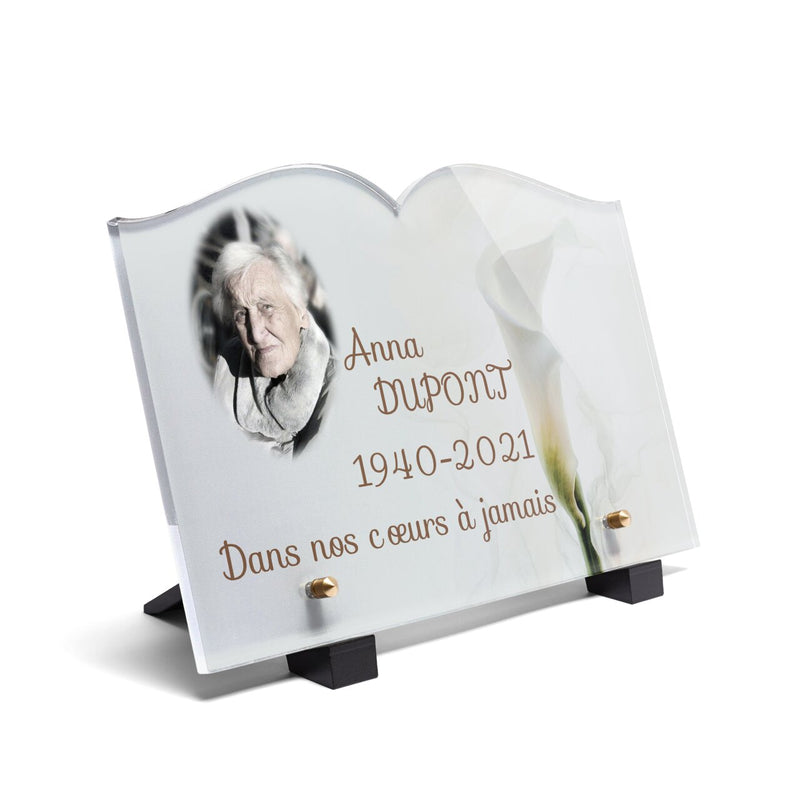 Plaque funéraire arum-blanc-forme-livre 25 Plaquedeces.fr