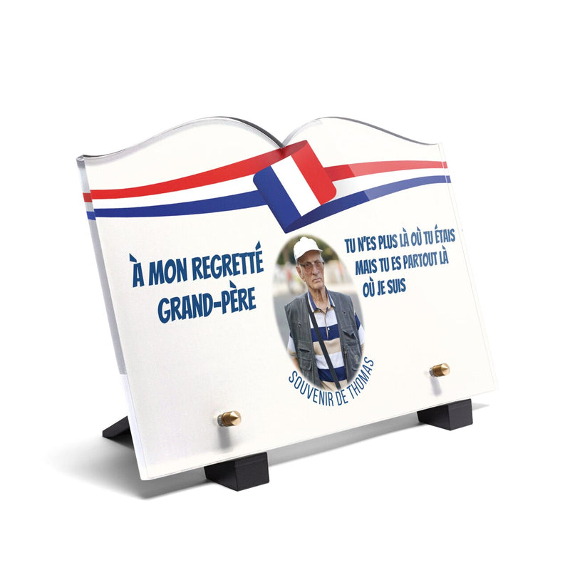 Plaque funéraire bandeau-bleu-blanc-rouge-forme-livre 24 Plaquedeces.fr