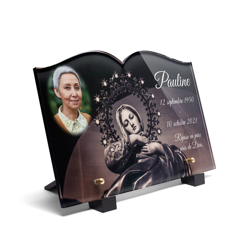 Plaque funéraire vierge-marie-couronnee-detoiles-forme-livre 17 Plaquedeces.fr