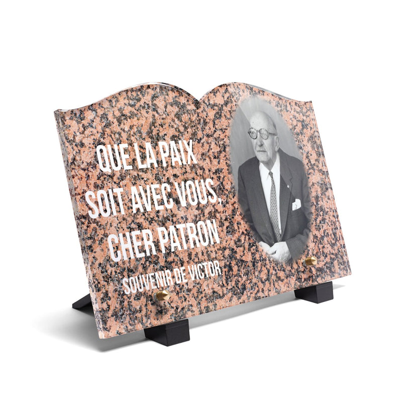 Plaque funéraire livre-granit-rose-forme-livre 17 Plaquedeces.fr