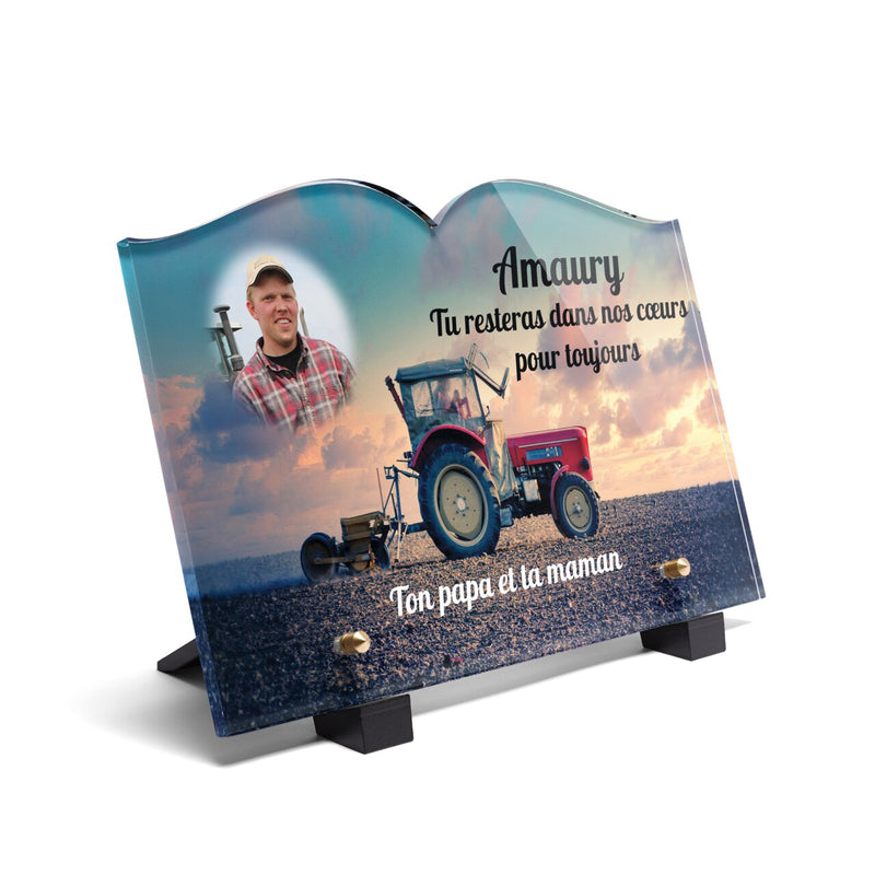 Plaque funéraire agriculteur-avec-son-tracteur-forme-livre 12 Plaquedeces.fr