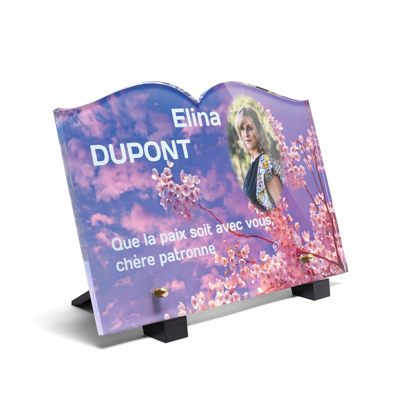 Plaque funéraire fleurs-de-cerisier-forme-livre 26 Plaquedeces.fr
