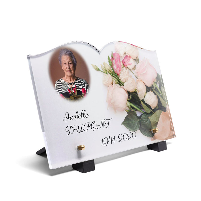 Plaque funéraire bouquet-garni-forme-livre 10 Plaquedeces.fr