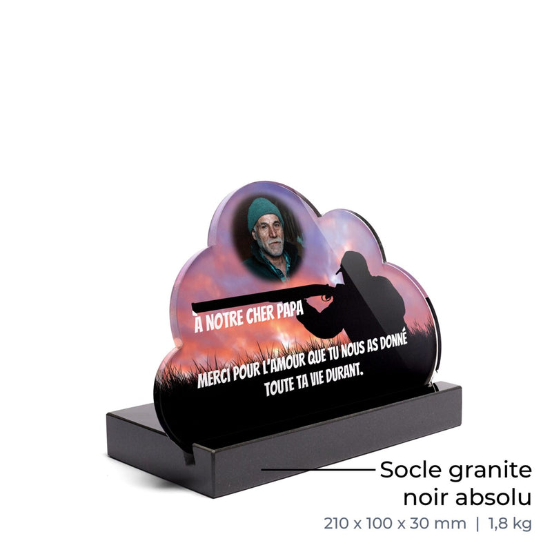 Plaque funéraire chasseur-sous-ciel-rouge-forme-nuage 4 Plaquedeces.fr