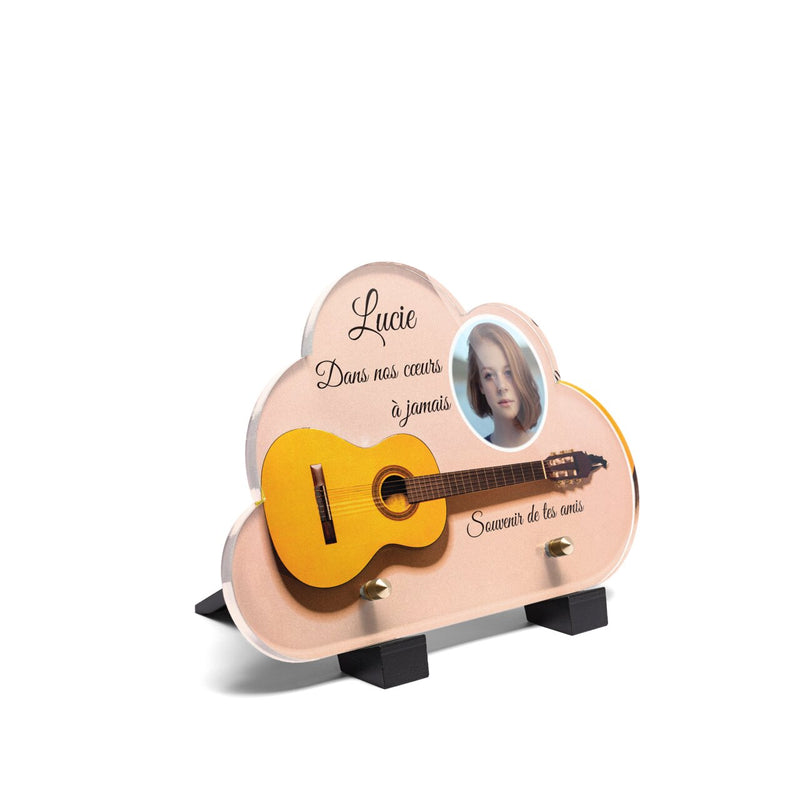 Plaque funéraire guitare-jaune-sur-fond-rose-forme-nuage 13 Plaquedeces.fr