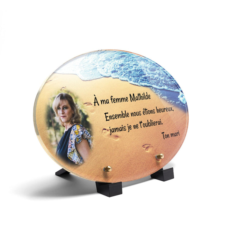 Plaque funéraire empreinte-sable-forme-ovale 26 Plaquedeces.fr
