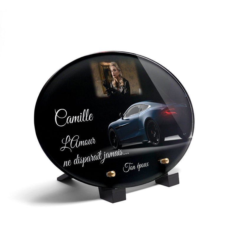 Plaque funéraire voiture-luxueuse-forme-ovale 9 Plaquedeces.fr